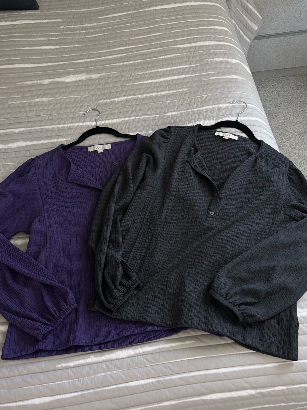 LOFT Gauze Henley Tops Purple & Charcoal Medium